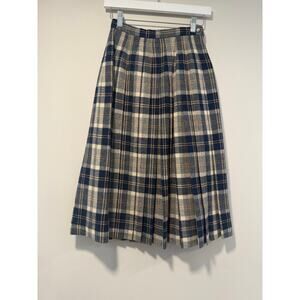 Vintage Glenscot Plaid Midi Skirt Pleated Wool Blue Cream Gold Size 10 JL